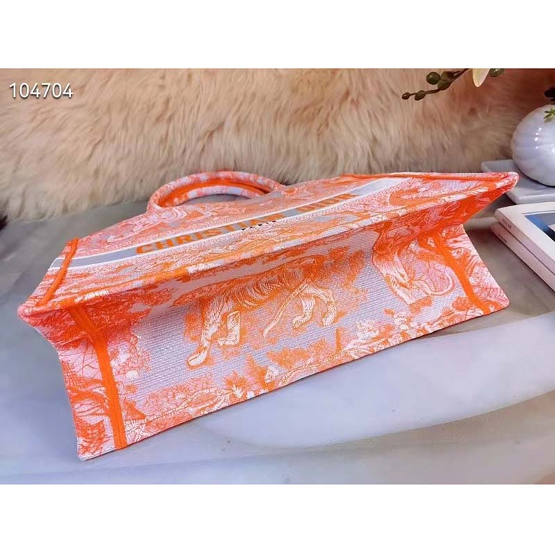 Dior Women CD Medium Book Tote Fluorescent Orange Toile De Jouy Reverse Embroidery
