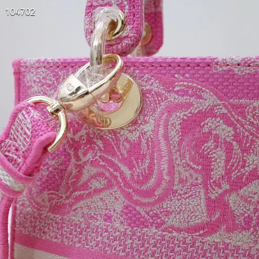 Dior Women CD Medium Lady D-Lite Bag Fluorescent Pink Toile De Jouy Reverse Embroidery