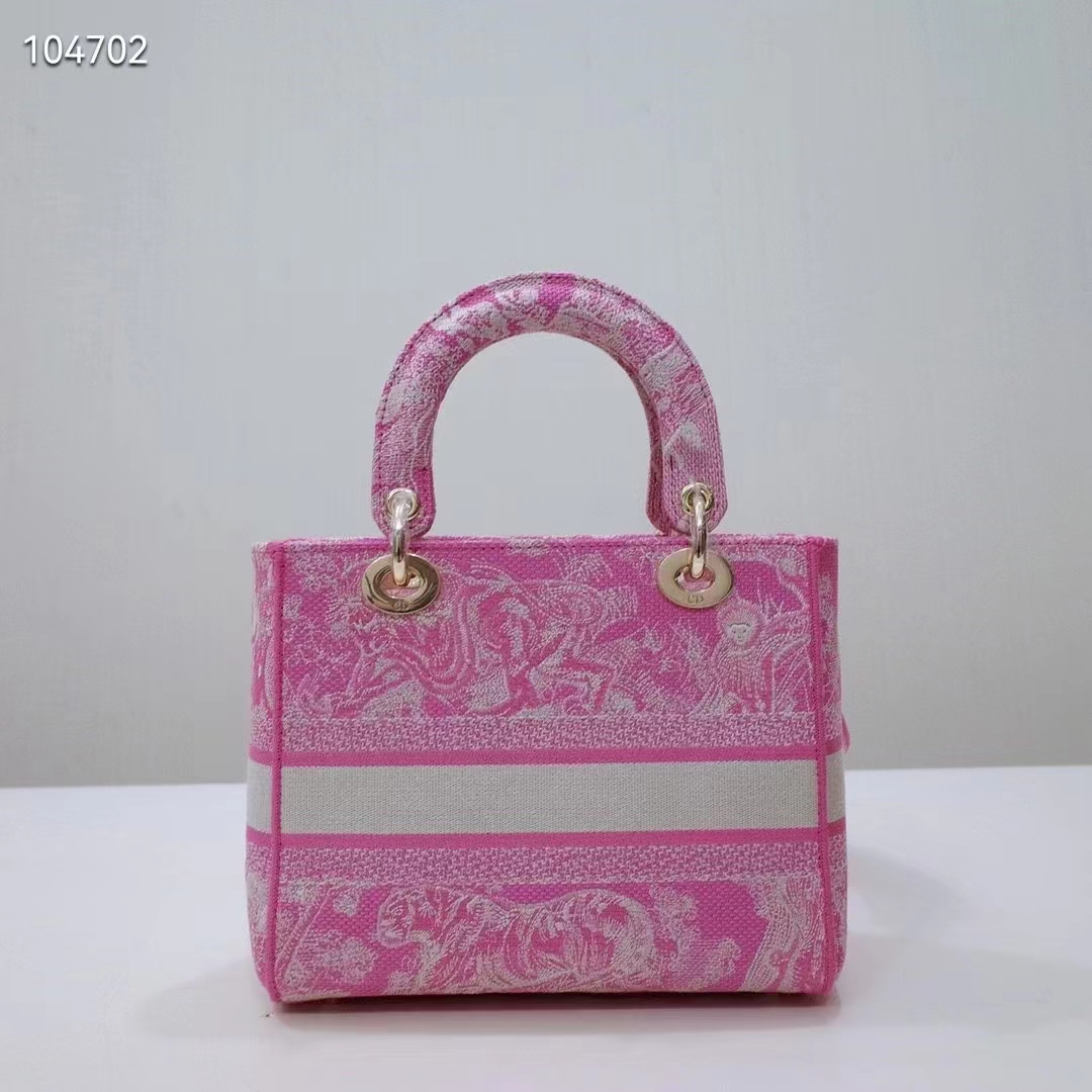 Dior Women CD Medium Lady D-Lite Bag Fluorescent Pink Toile De Jouy Reverse Embroidery