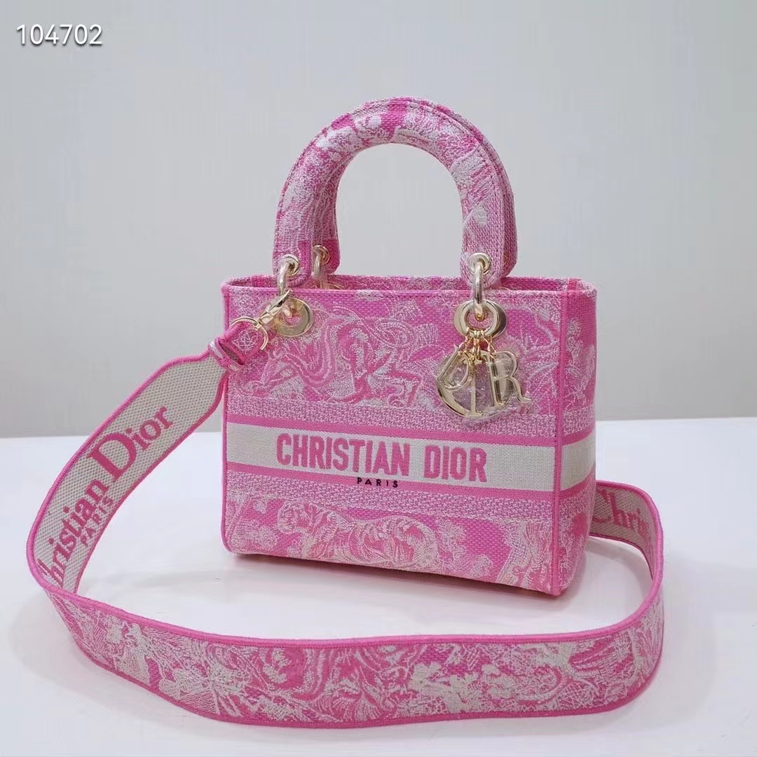 Dior Women CD Medium Lady D-Lite Bag Fluorescent Pink Toile De Jouy Reverse Embroidery