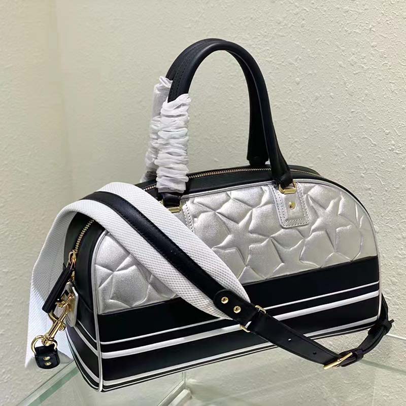 Dior Women CD Medium Vibe Zip Bowling Bag Black Silver Padded Étoile Calfskin