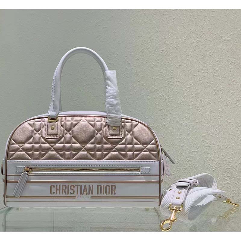 Dior Women CD Medium Vibe Zip Bowling Bag White Padded Étoile Calfskin