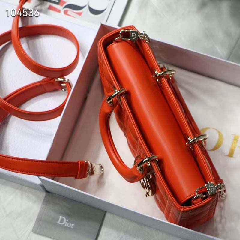 Dior Women Lady D-Joy Bag Bright Orange Cannage Lambskin