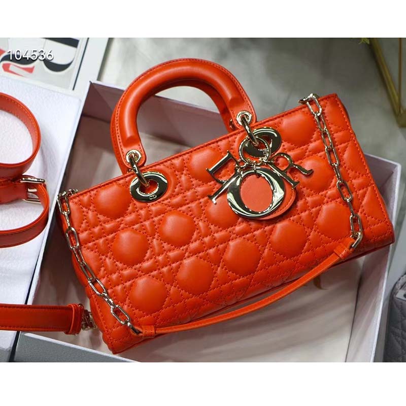 Dior Women Lady D-Joy Bag Bright Orange Cannage Lambskin