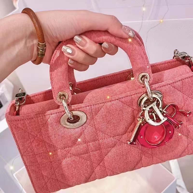 Dior Women Lady D-Joy Bag Bright Pink Cannage Denim