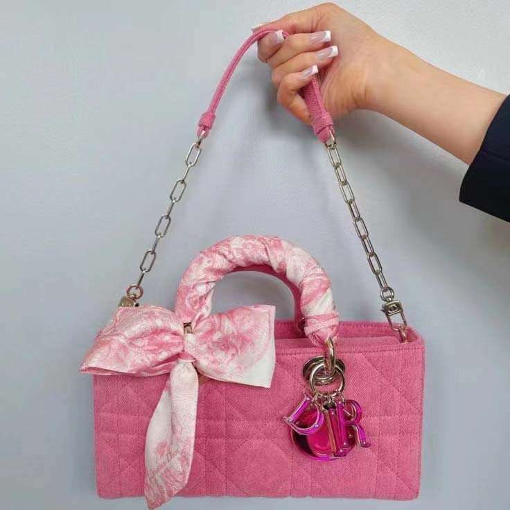 Dior Women Lady D-Joy Bag Bright Pink Cannage Denim