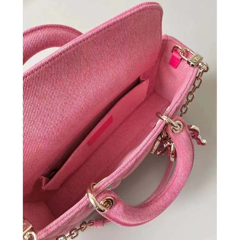 Dior Women Lady D-Joy Bag Bright Pink Cannage Denim
