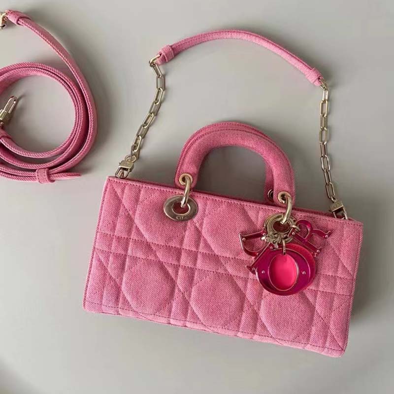 Dior Women Lady D-Joy Bag Bright Pink Cannage Denim