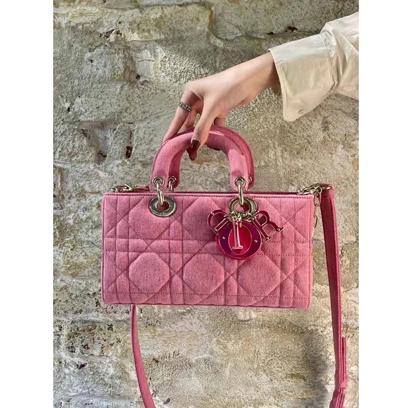 Dior Women Lady D-Joy Bag Bright Pink Cannage Denim