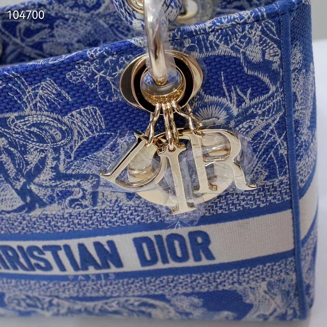 Dior Women Medium Lady D-Lite Bag Fluorescent Blue Toile De Jouy Reverse Embroidery