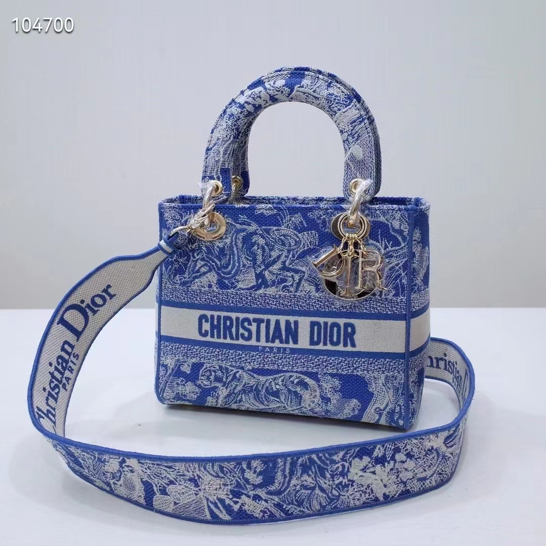 Dior Women Medium Lady D-Lite Bag Fluorescent Blue Toile De Jouy Reverse Embroidery