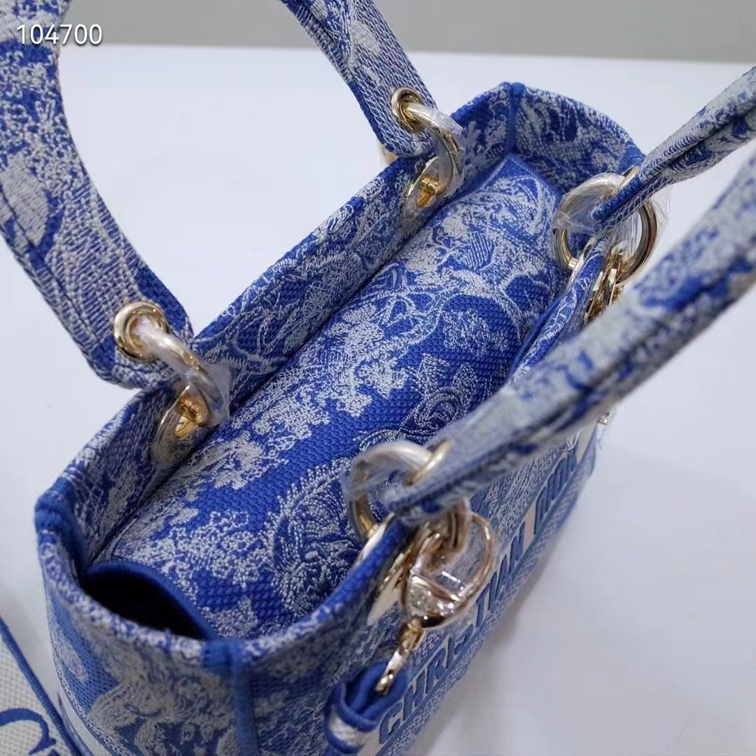 Dior Women Medium Lady D-Lite Bag Fluorescent Blue Toile De Jouy Reverse Embroidery