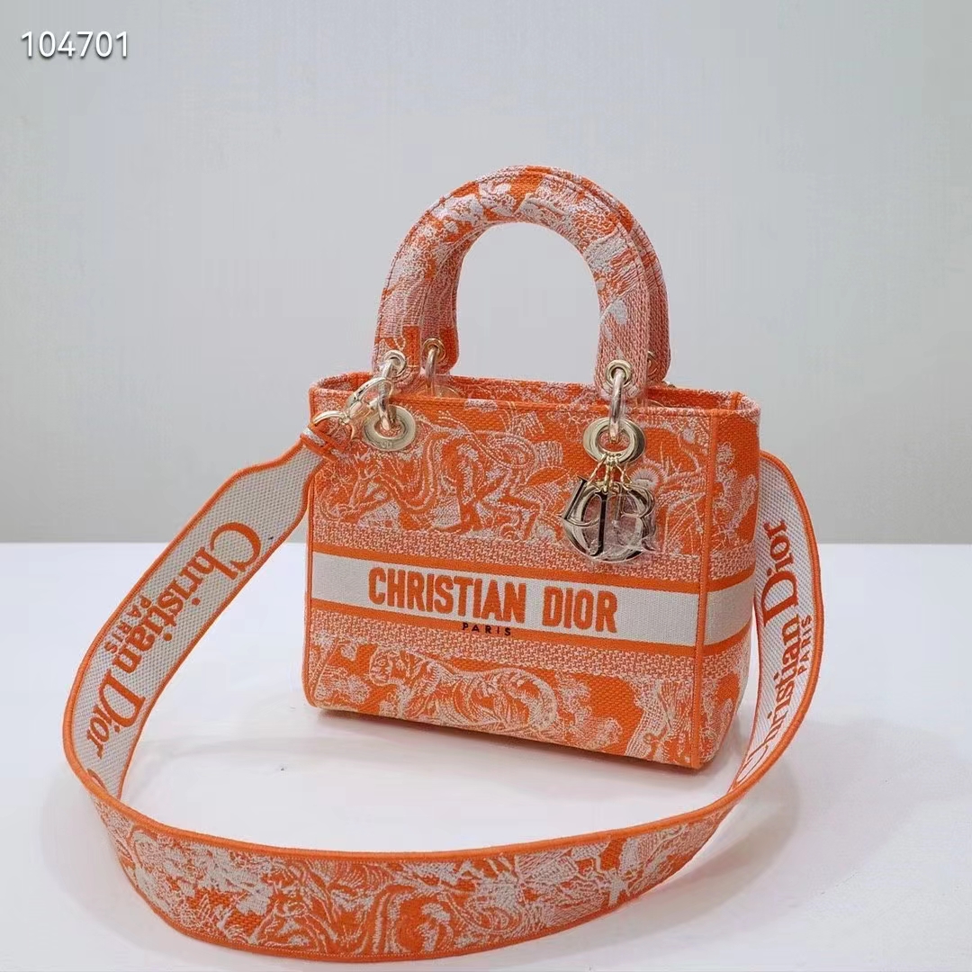 Dior Women Medium Lady D-Lite Bag Fluorescent Orange Toile De Jouy Reverse Embroidery