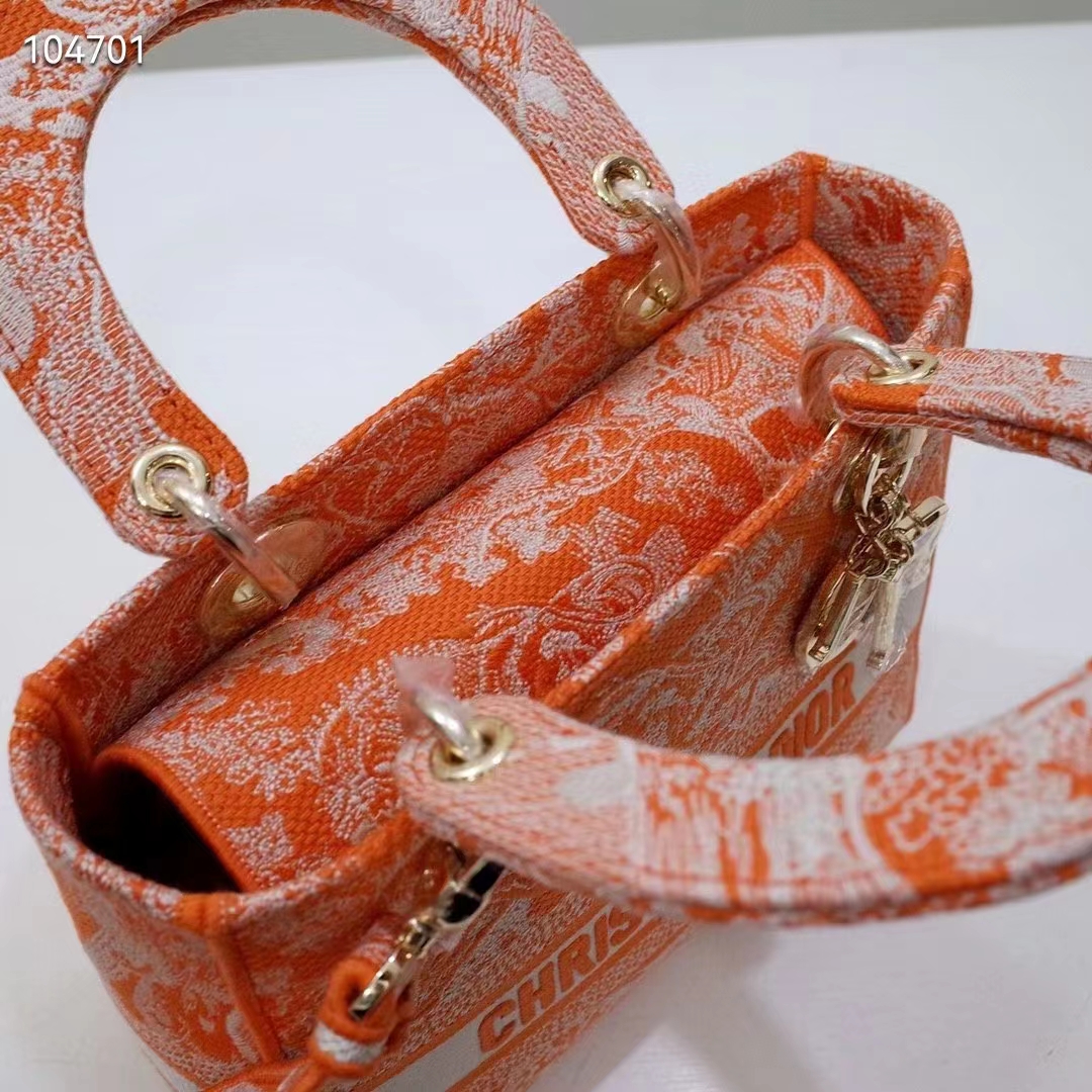 Dior Women Medium Lady D-Lite Bag Fluorescent Orange Toile De Jouy Reverse Embroidery