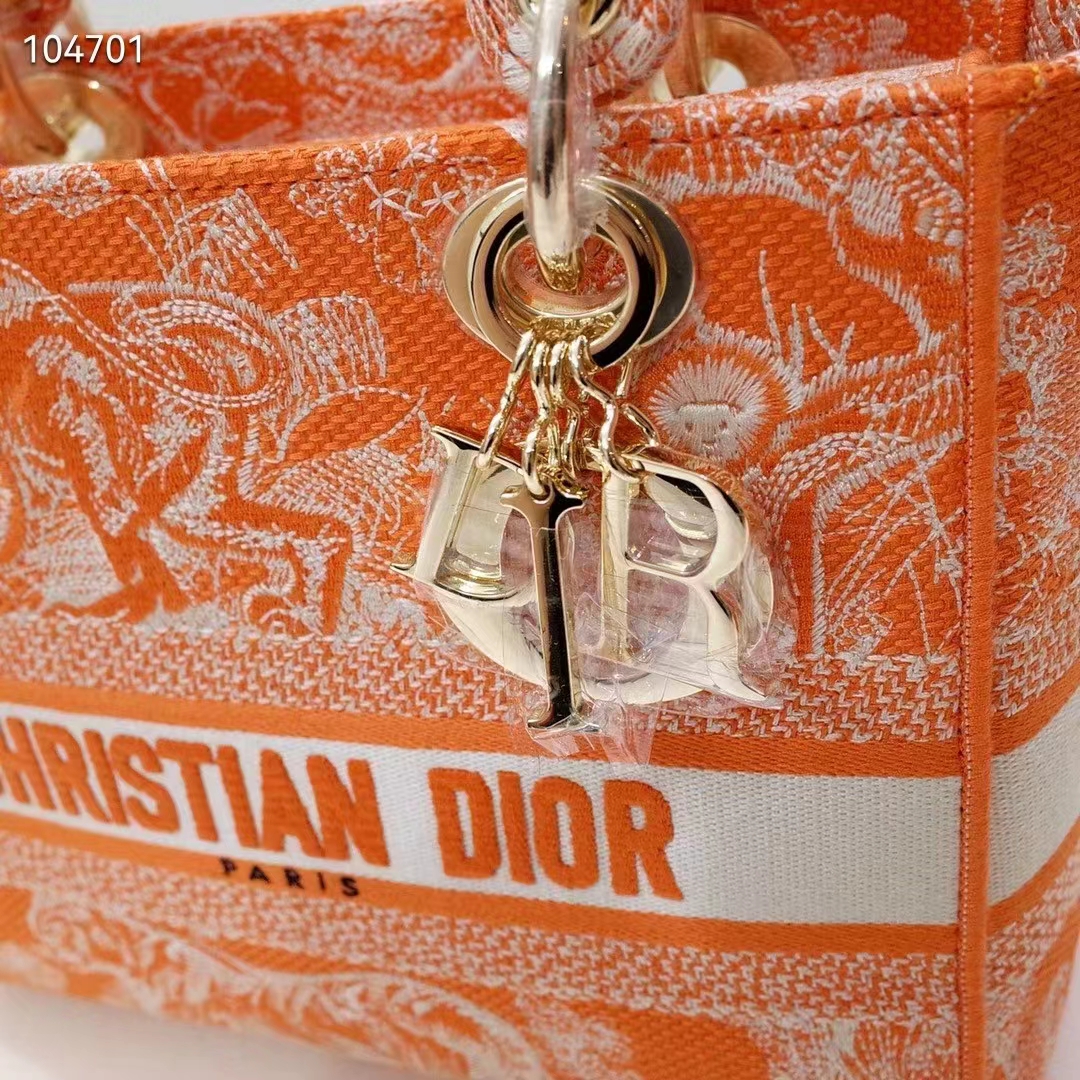 Dior Women Medium Lady D-Lite Bag Fluorescent Orange Toile De Jouy Reverse Embroidery