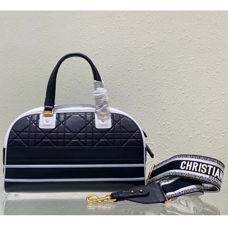 Dior Women Medium Vibe Zip Bowling Bag Black White Padded Macrocannage Calfskin