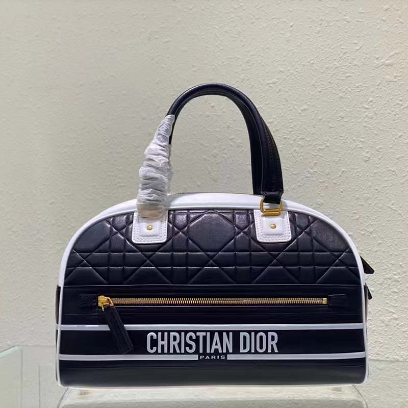 Dior Women Medium Vibe Zip Bowling Bag Black White Padded Macrocannage Calfskin