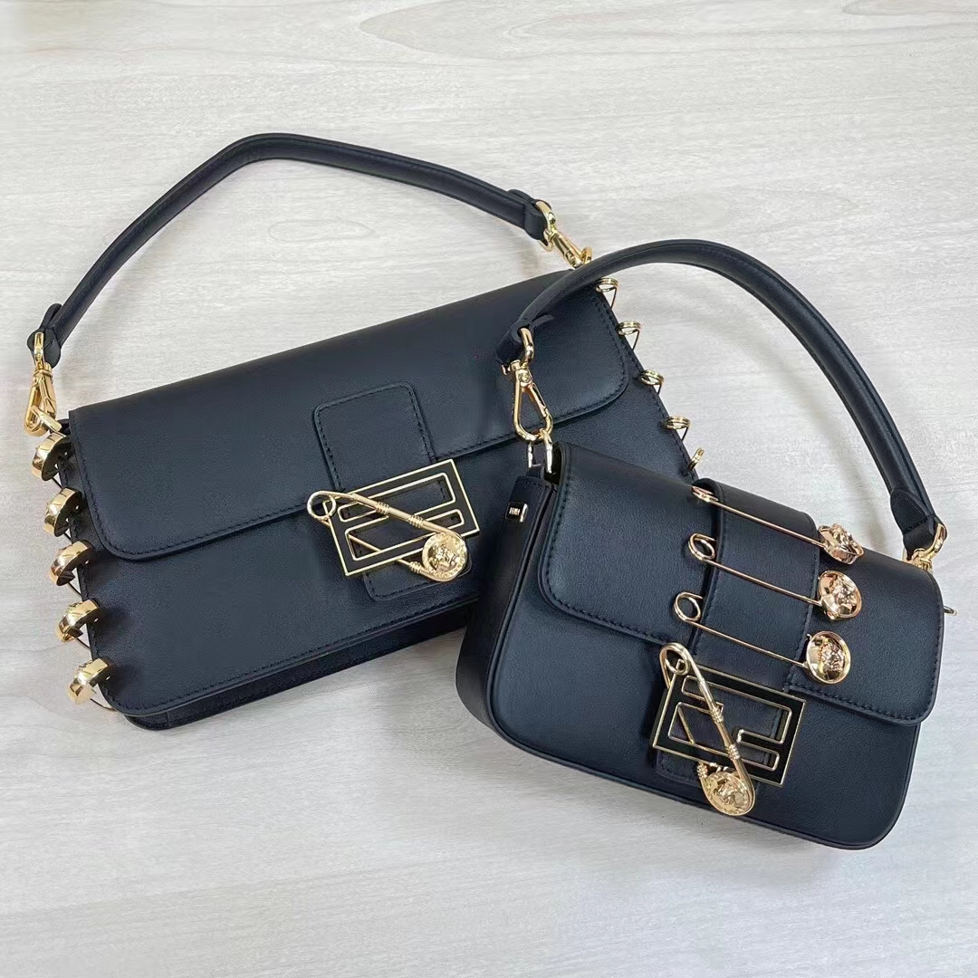 Fendi Women FF Baguette Brooch Fendace Black Leather Bag