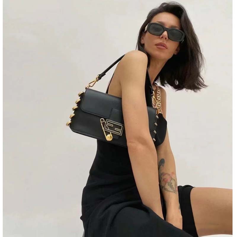 Fendi Women FF Baguette Brooch Fendace Black Leather Bag