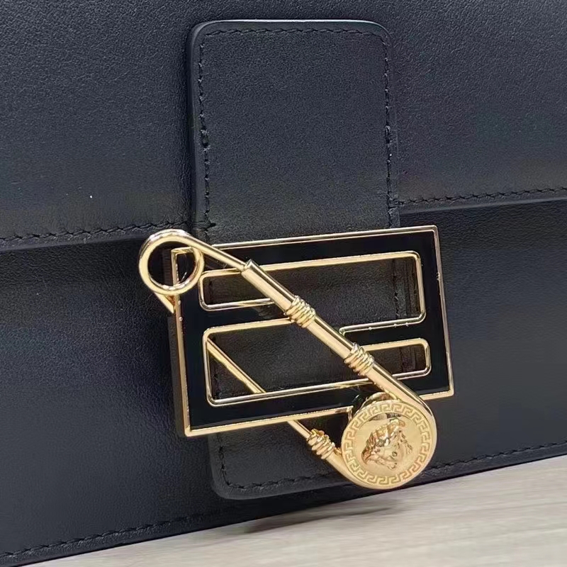 Fendi Women FF Baguette Brooch Fendace Black Leather Bag