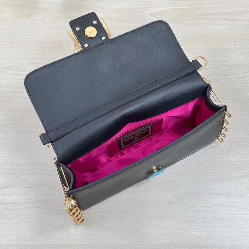 Fendi Women FF Baguette Brooch Fendace Black Leather Bag