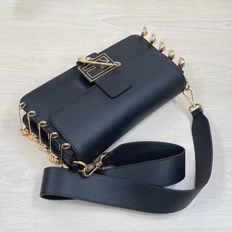 Fendi Women FF Baguette Brooch Fendace Black Leather Bag