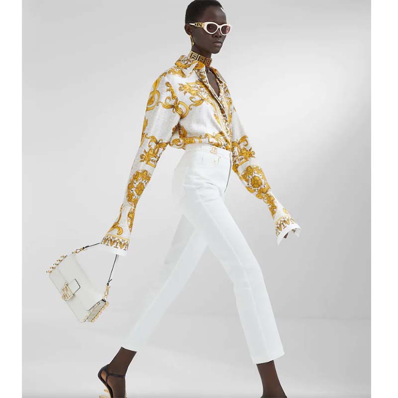 Fendi Women FF Baguette Brooch Fendace White Leather Bag