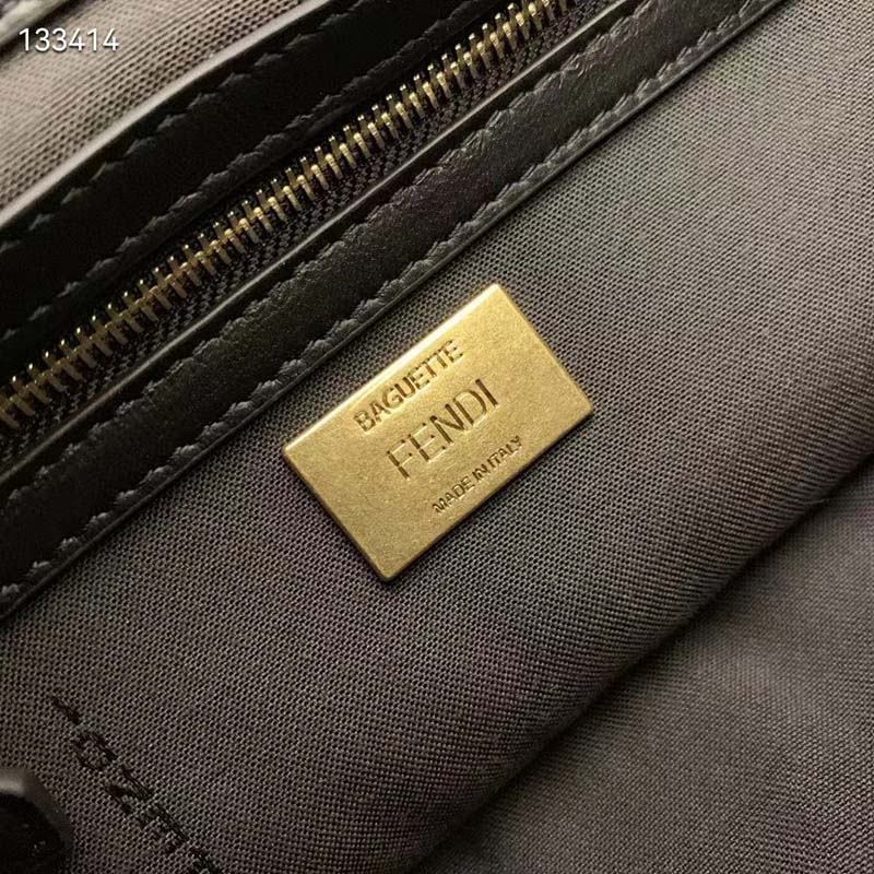 Fendi Women FF Baguette Brown Sheepskin Sheep Fur Calfskin Bag