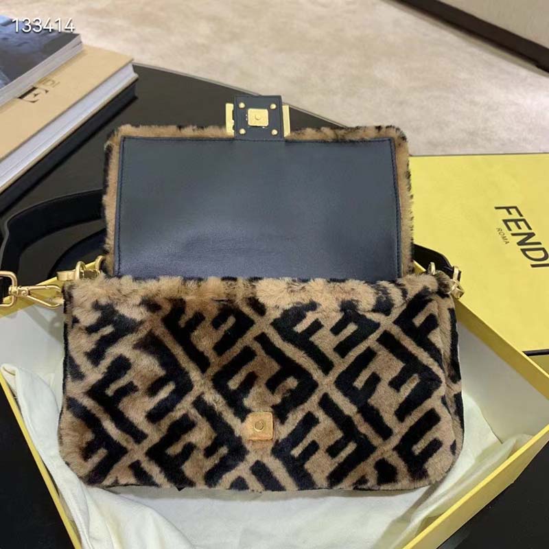 Fendi Women FF Baguette Brown Sheepskin Sheep Fur Calfskin Bag