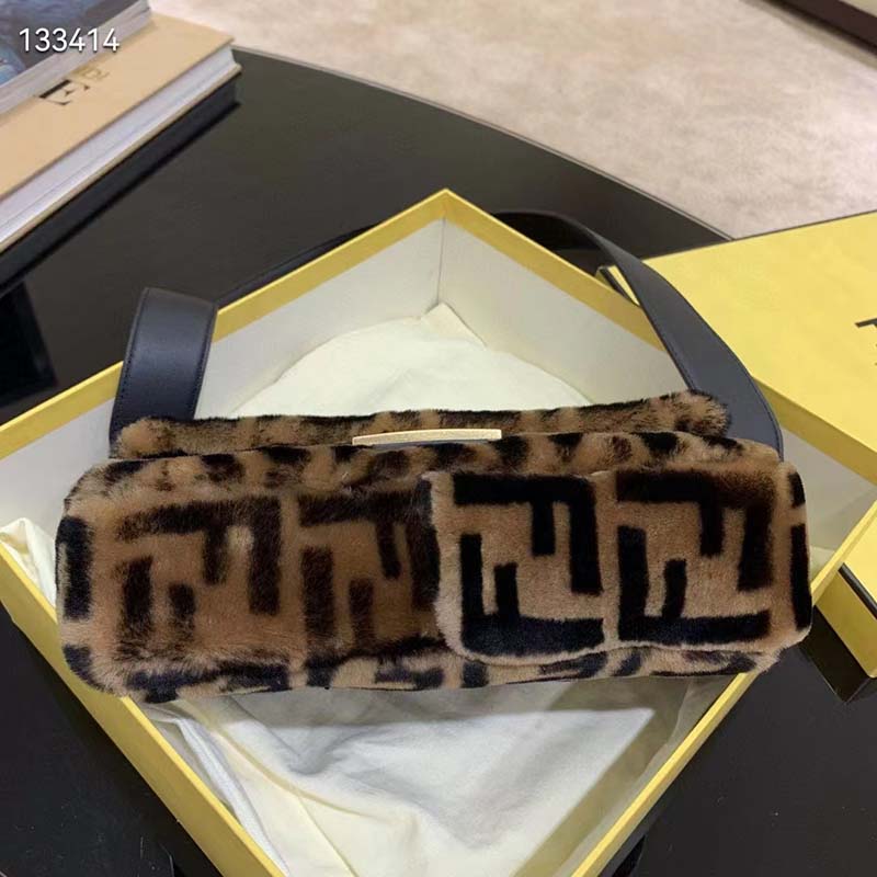 Fendi Women FF Baguette Brown Sheepskin Sheep Fur Calfskin Bag