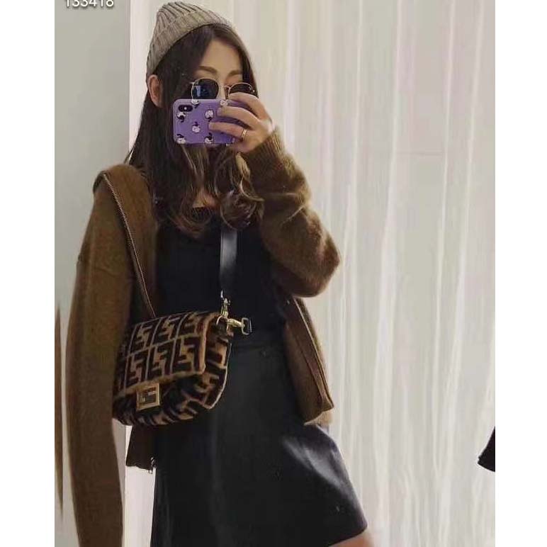 Fendi Women FF Baguette Brown Sheepskin Sheep Fur Calfskin Bag