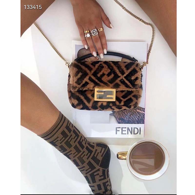 Fendi Women FF Baguette Brown Sheepskin Sheep Fur Calfskin Bag