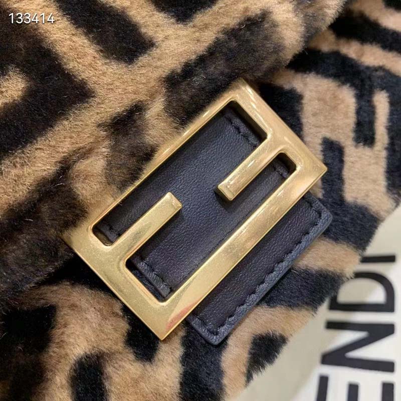 Fendi Women FF Baguette Brown Sheepskin Sheep Fur Calfskin Bag