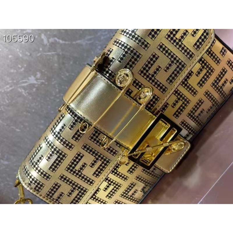 Fendi Women FF Brooch Mini Baguette Fendace Bag Gold Perforated Leather