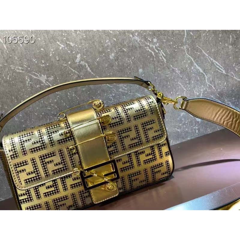 Fendi Women FF Brooch Mini Baguette Fendace Bag Gold Perforated Leather
