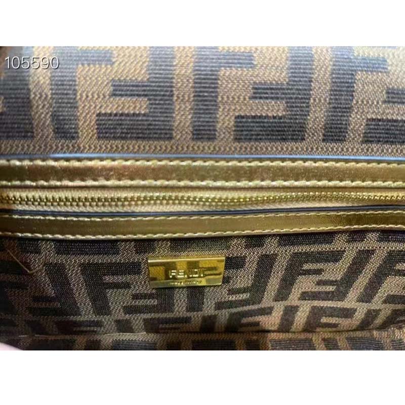 Fendi Women FF Brooch Mini Baguette Fendace Bag Gold Perforated Leather