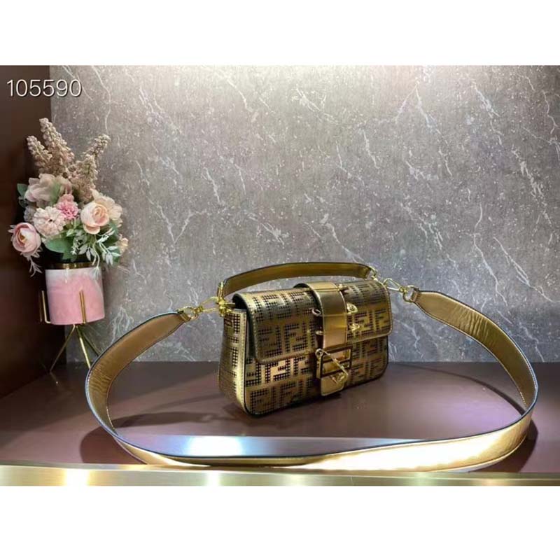 Fendi Women FF Brooch Mini Baguette Fendace Bag Gold Perforated Leather