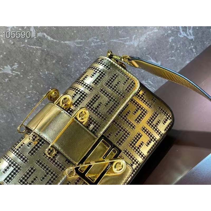 Fendi Women FF Brooch Mini Baguette Fendace Bag Gold Perforated Leather