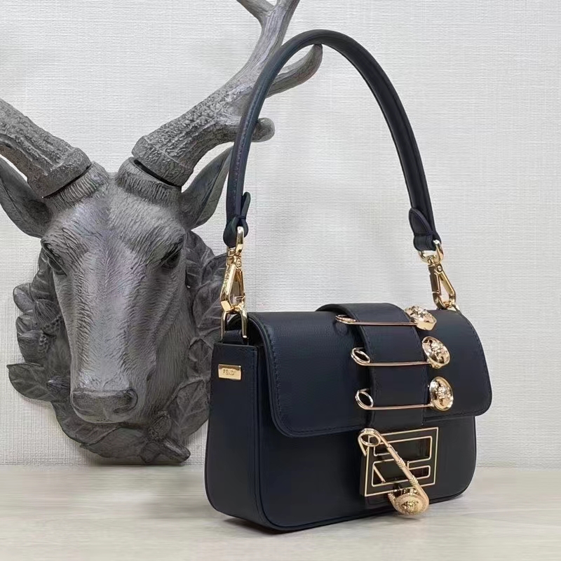 Fendi Women FF Brooch Mini Baguette Fendace Black Leather Bag