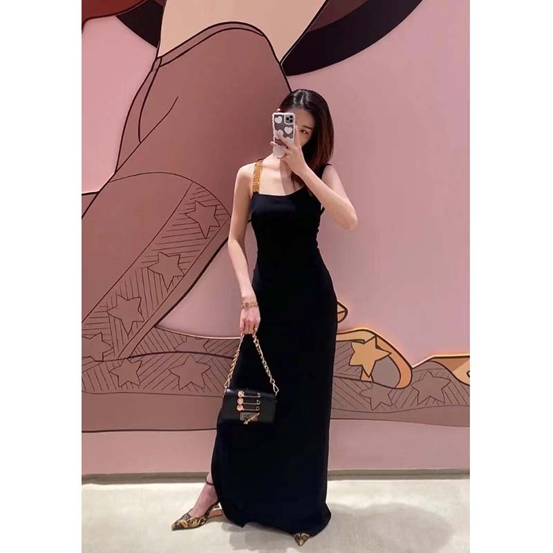 Fendi Women FF Brooch Mini Baguette Fendace Black Leather Bag