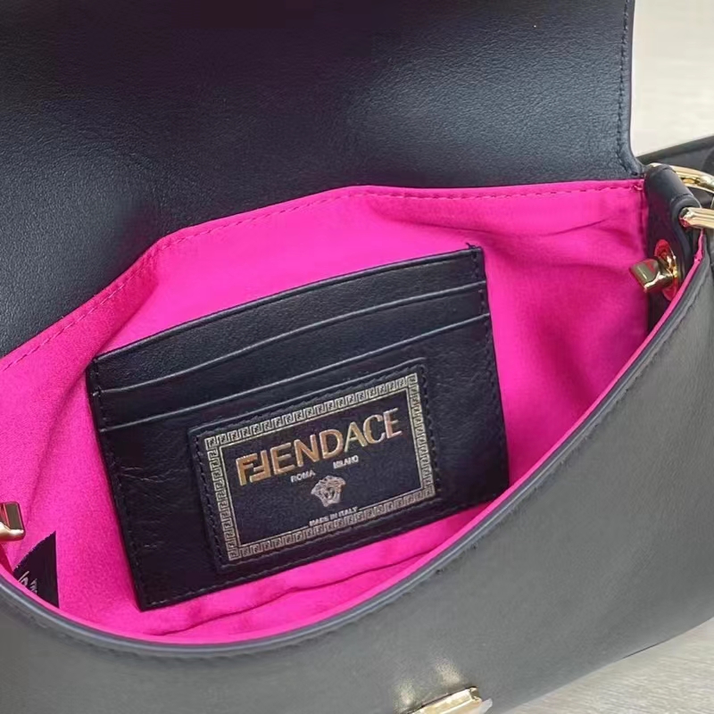 Fendi Women FF Brooch Mini Baguette Fendace Black Leather Bag