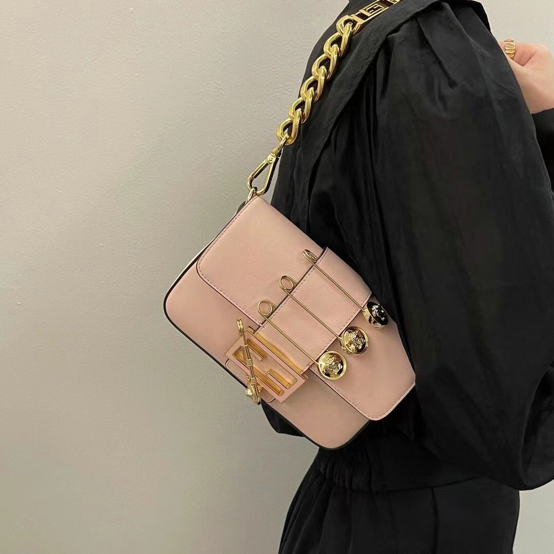 Fendi Women FF Brooch Mini Baguette Fendace Pink Leather Bag