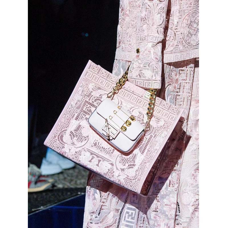 Fendi Women FF Brooch Mini Baguette Fendace White Leather Bag