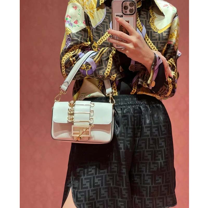 Fendi Women FF Brooch Mini Baguette Fendace White Leather Bag