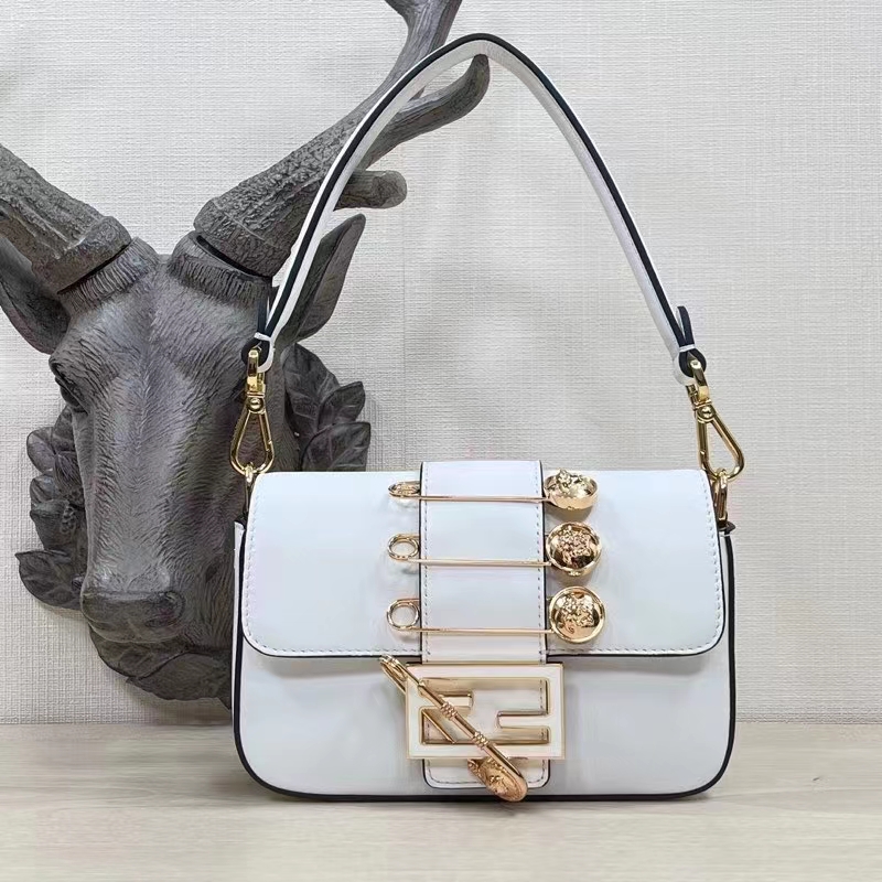 Fendi Women FF Brooch Mini Baguette Fendace White Leather Bag