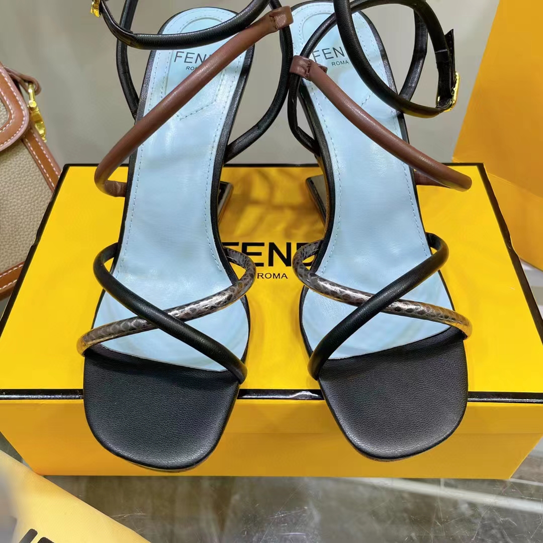 Fendi Women FF First Brown Nappa Leather High-Heeled Sandals 9.5 cm Heel
