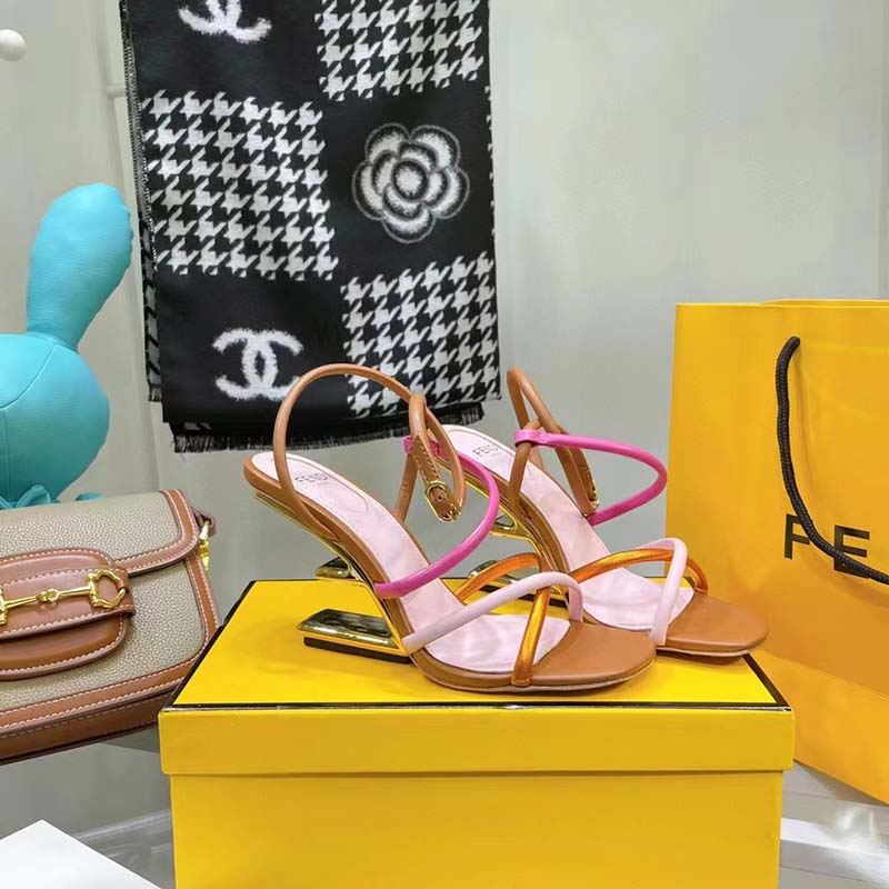 Fendi Women FF First Pink Nappa Leather High-Heeled Sandals 9.5 cm Heel