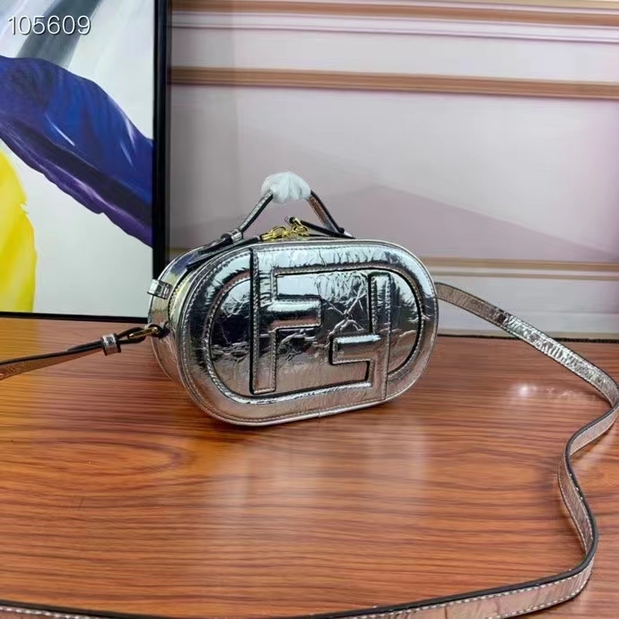 Fendi Women FF O’Lock Mini Camera Case Silver Laminated Leather Mini Bag
