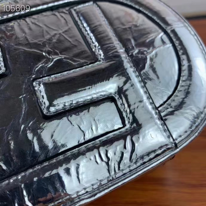 Fendi Women FF O’Lock Mini Camera Case Silver Laminated Leather Mini Bag