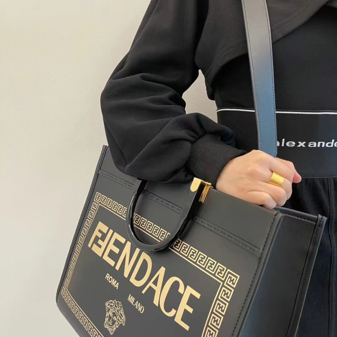 Fendi Women FF Sunshine Medium Fendace Printed Black Leather Logo Shopper